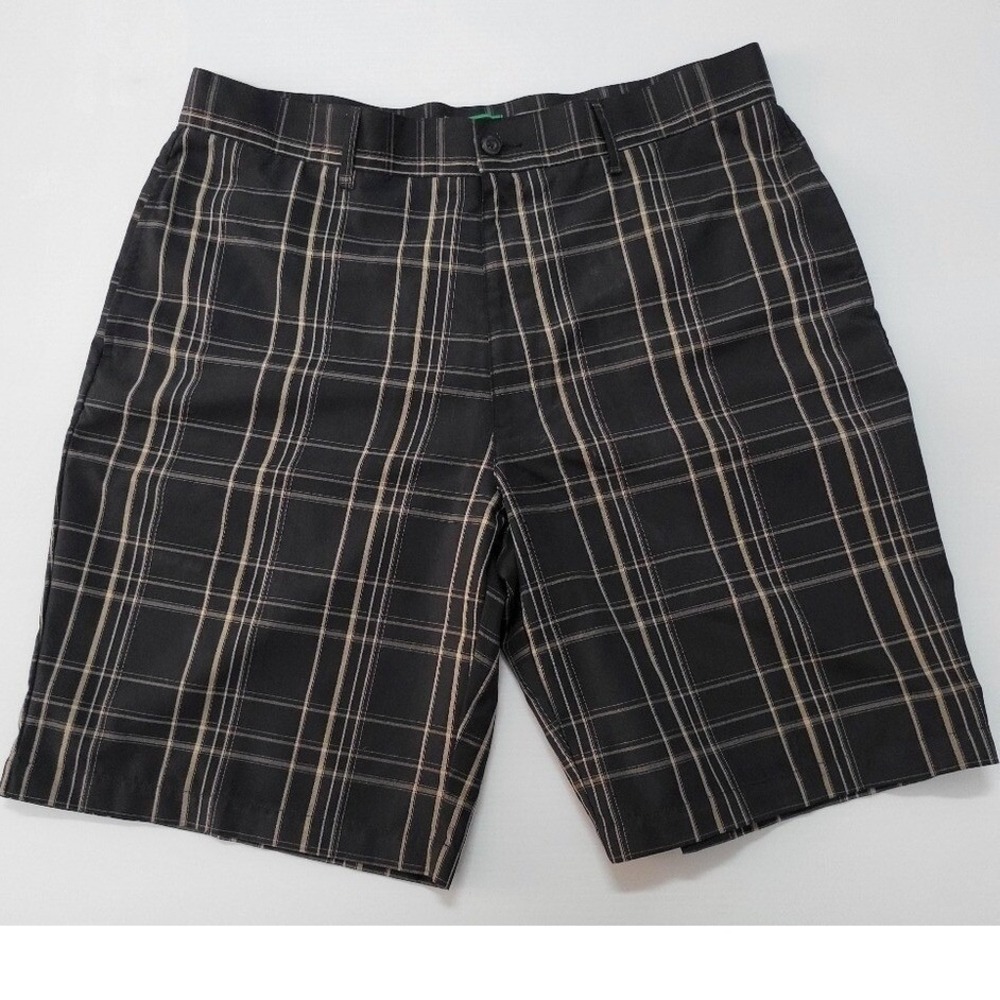 Y2K Top Flite Mens Plaid Golf Shorts Black Tan Size 35 Flat Front Performance